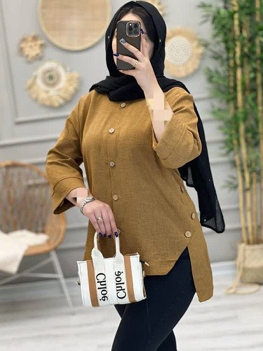 1224-مانتو لینن دکمه چوبی