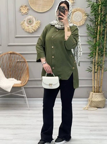 1224-مانتو لینن دکمه چوبی