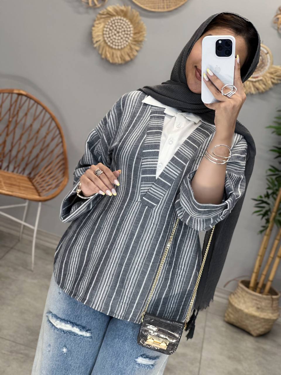 3074-شومیز لینن راه راه ترکیبی