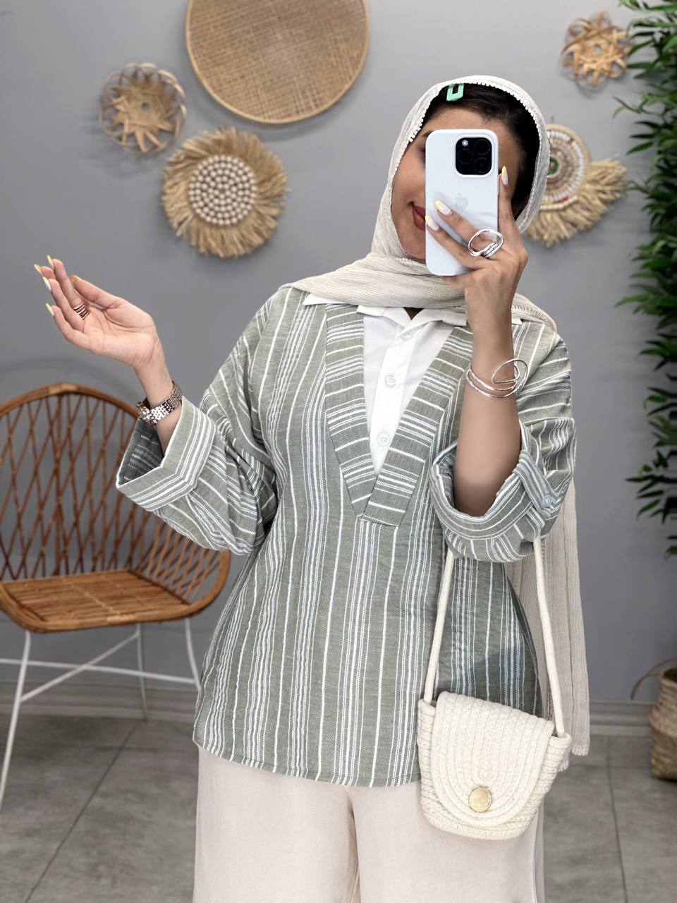 3074-شومیز لینن راه راه ترکیبی