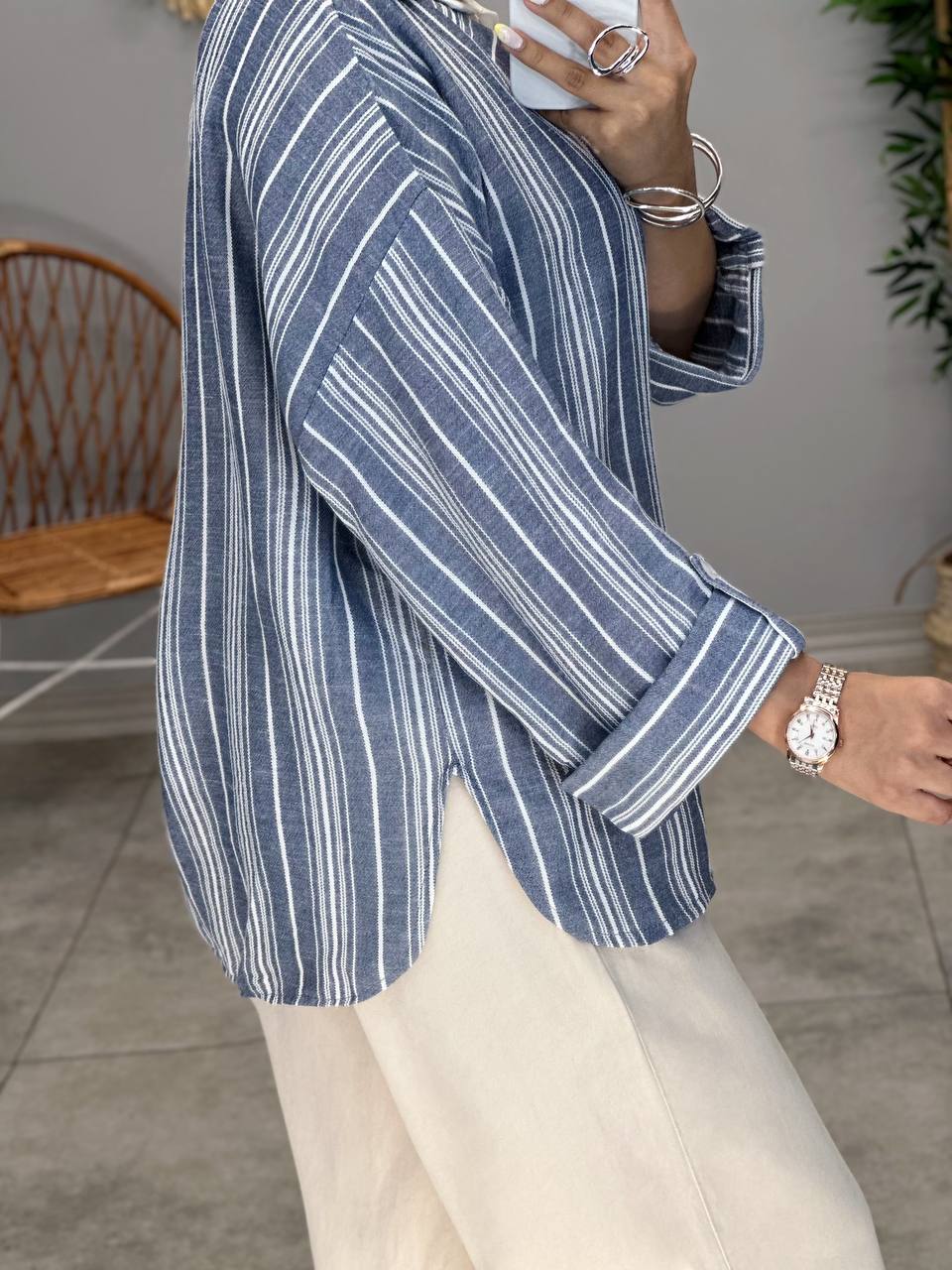 3074-شومیز لینن راه راه ترکیبی