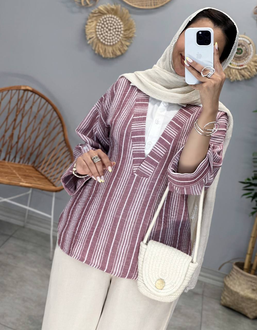 3074-شومیز لینن راه راه ترکیبی