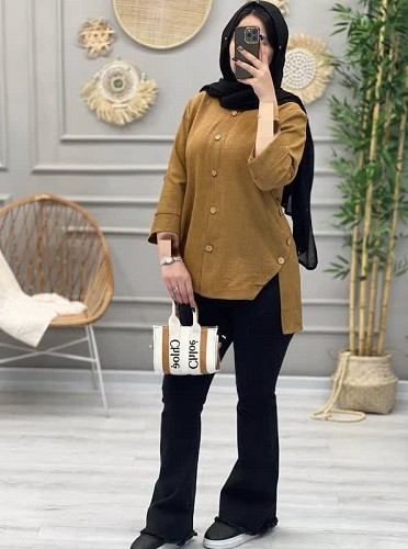 1224-مانتو لینن دکمه چوبی