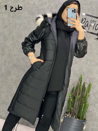 0232_کاپشن آستین چرم کلاه خز