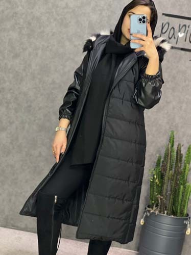 0232_کاپشن آستین چرم کلاه خز