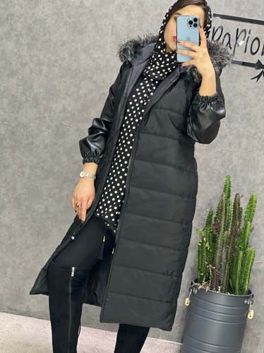 0232_کاپشن آستین چرم کلاه خز